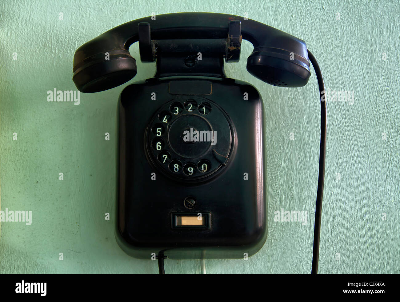 horizontal shot of a vintage wall telephone Stock Photo