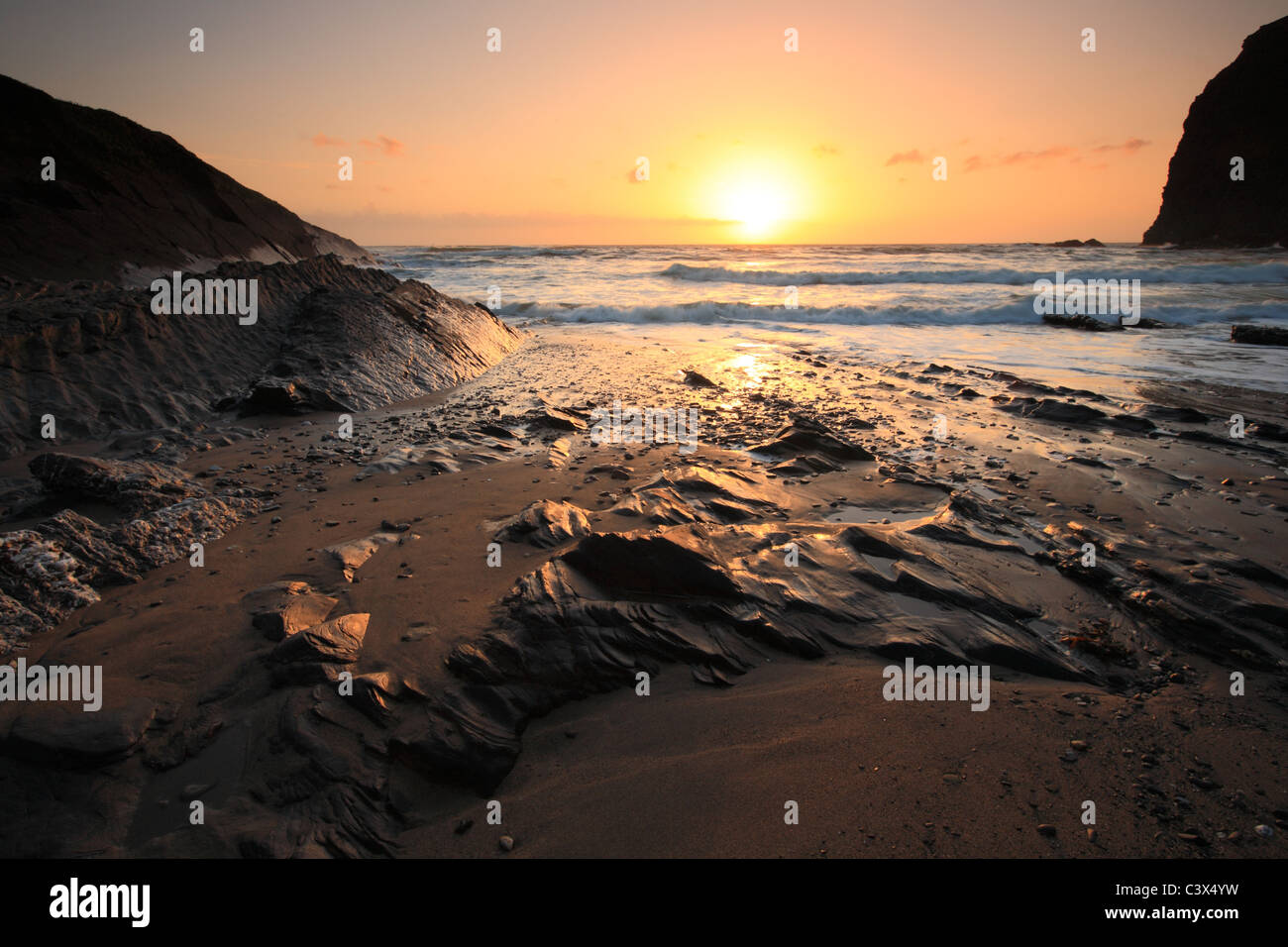 Crackington Haven - sunset, North Cornwall, England, UK Stock Photo