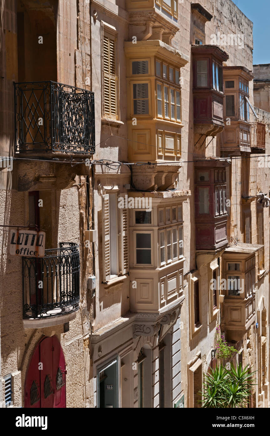 Traditional windows and balconies Valletta Malta Stock Photo