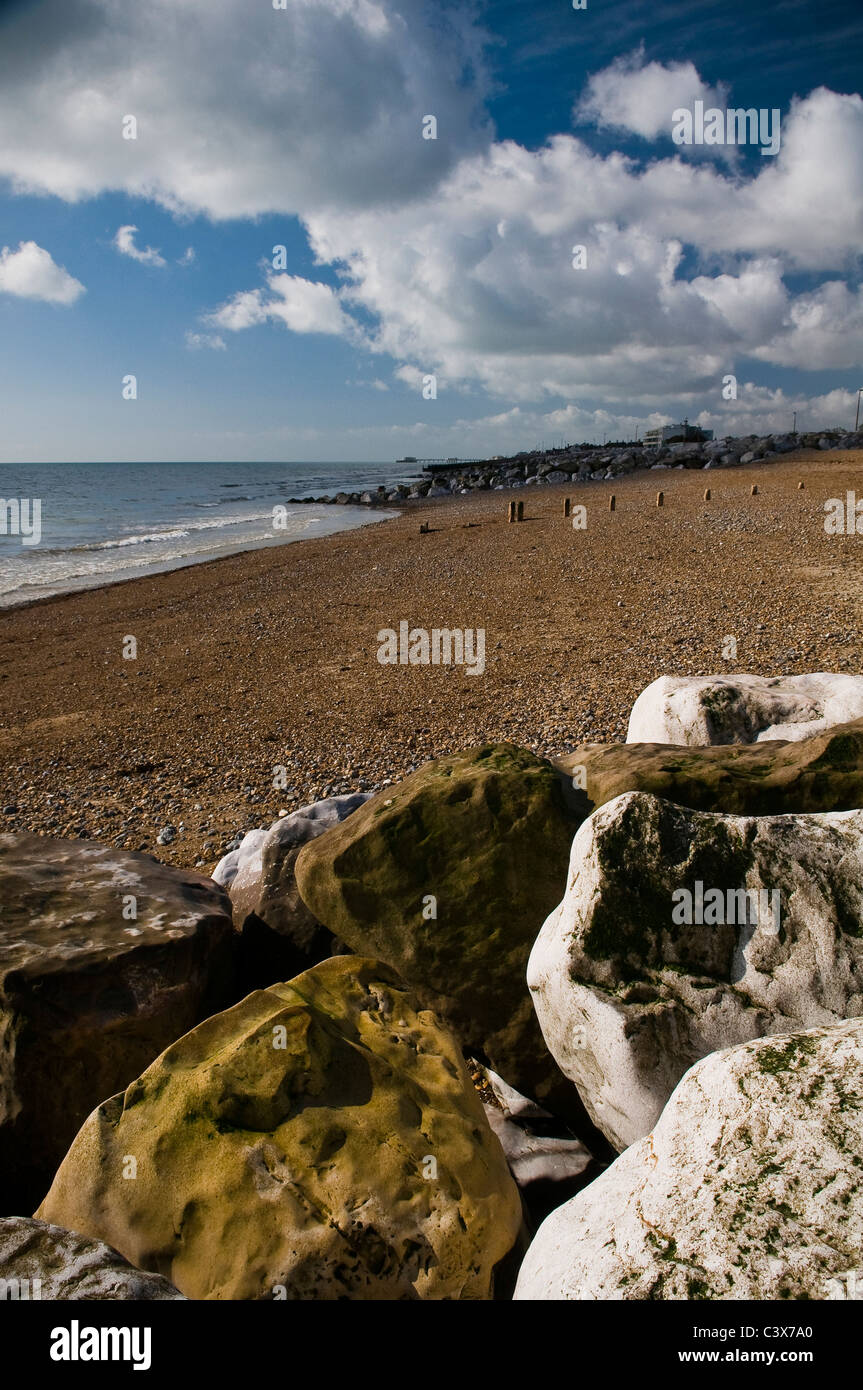 Sea defenses near Lancing, West Sussex, UK Stock Photo