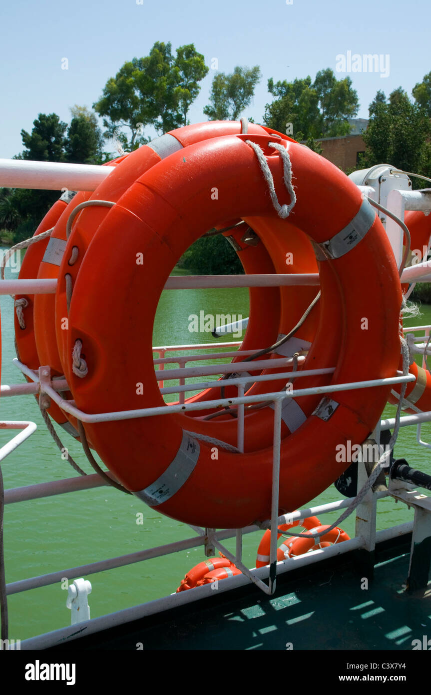 Safety equipment.  Lifebelts on a boat. Stock Photo