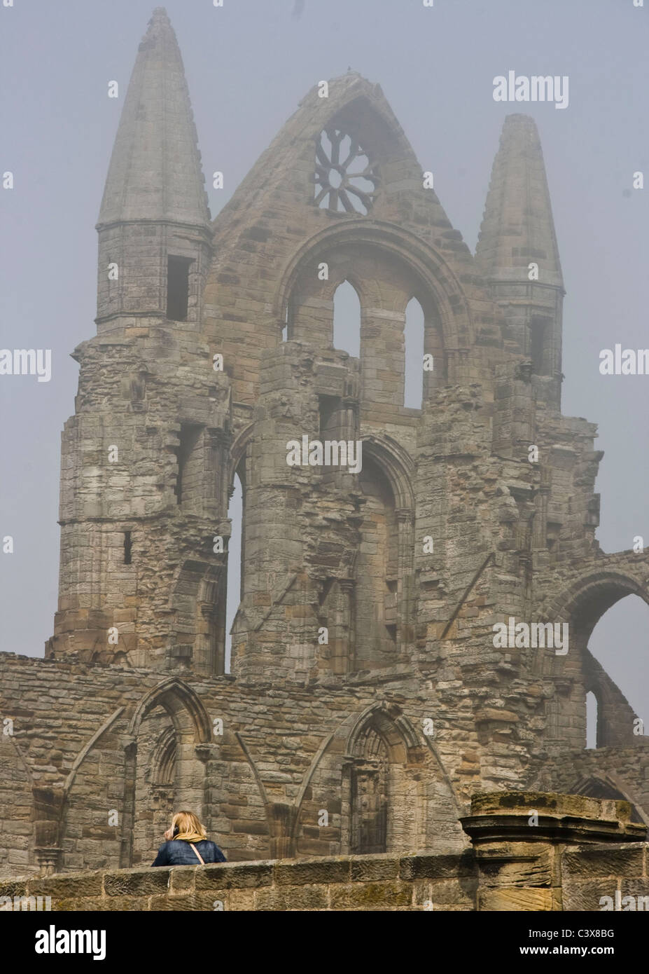 Grade 1 listed ancient medieval Benedictine monastery Whitby Abbey ruins during a sea fret (sea fog) north Yorkshire England Stock Photo