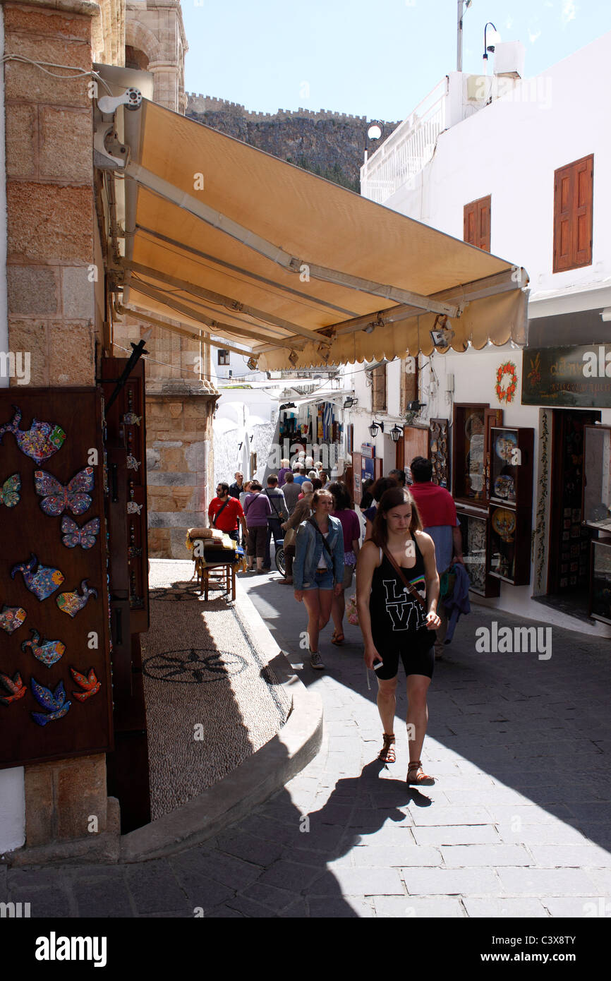 THE CENTRE OF THE VILLAGE OF LINDOS ON THE GREEK ISLAND OF RHODES. Stock Photo