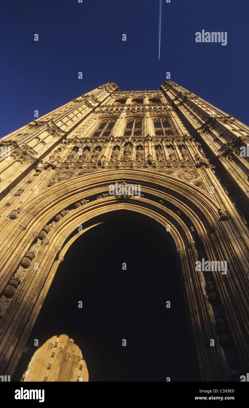London, Victoria Tower with contrail Stock Photo