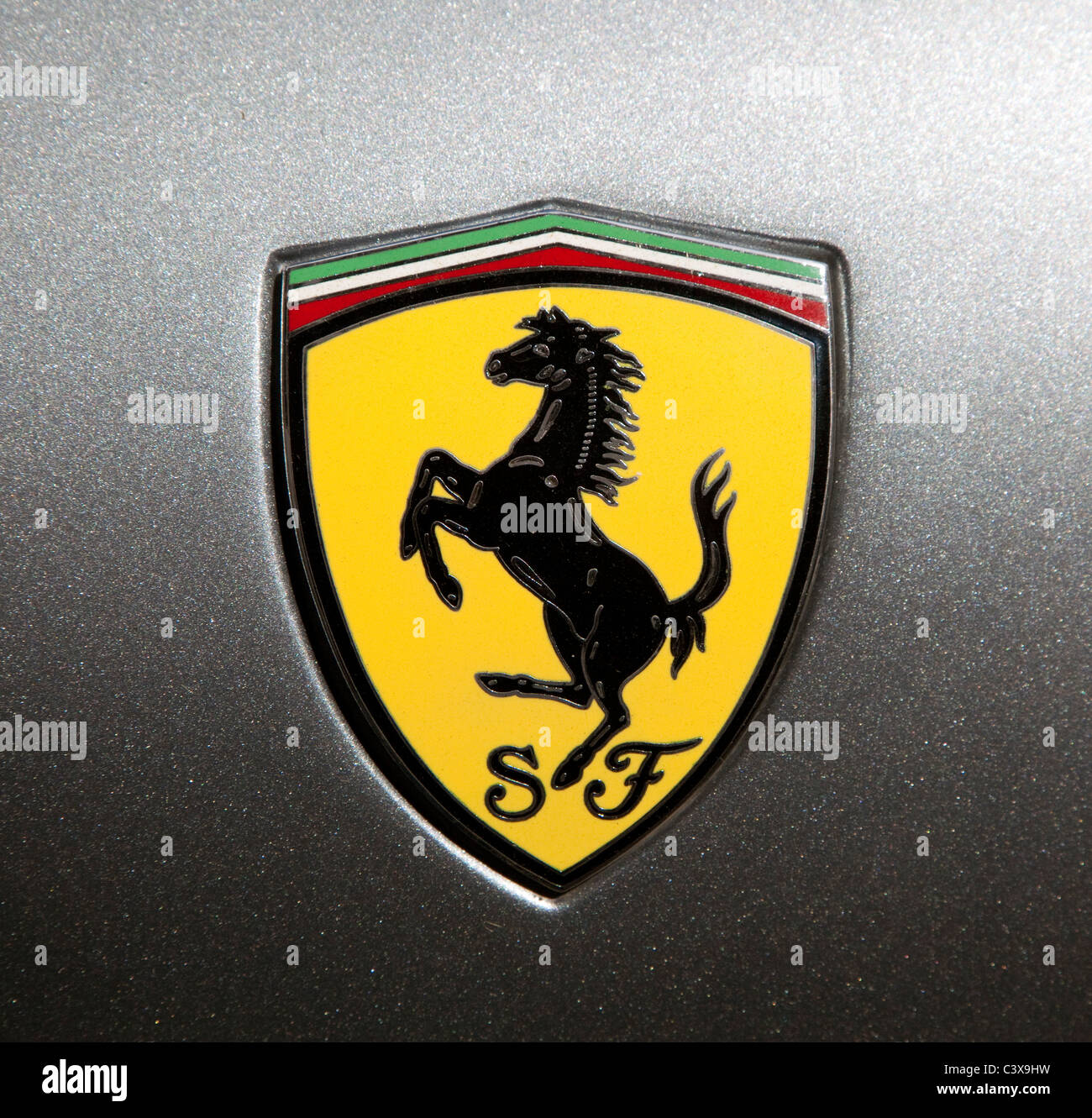 Badge on Ferrari sports car, London Stock Photo
