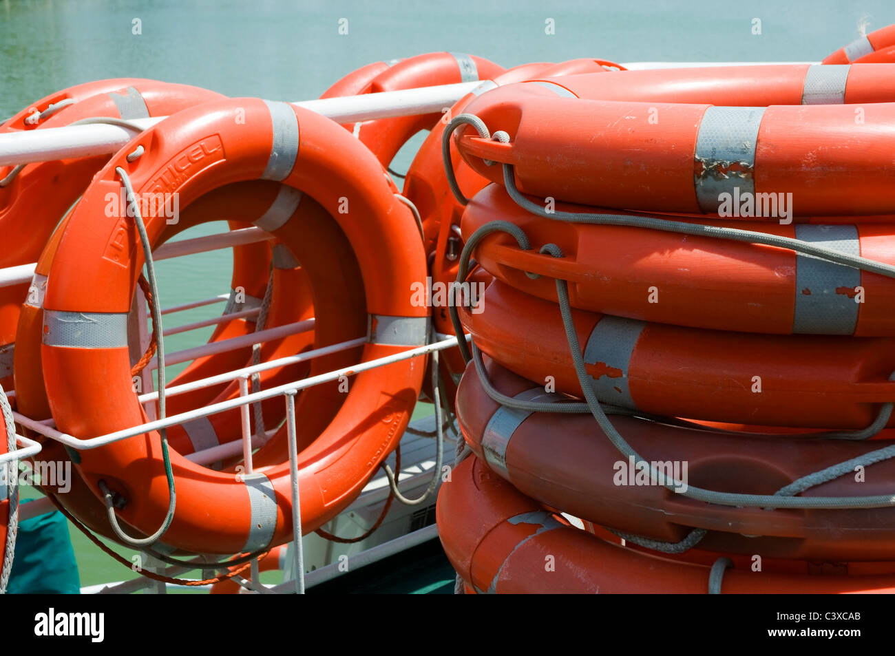 Safety equipment.  Lifebelts on a boat. Stock Photo