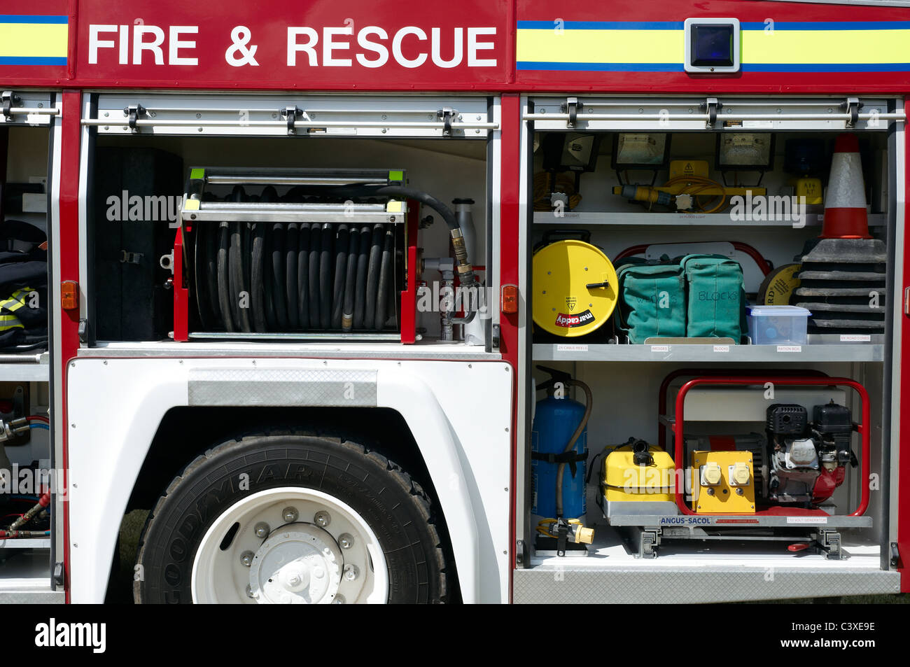 British fire engine from the 1990s showing nearside equipment lockers