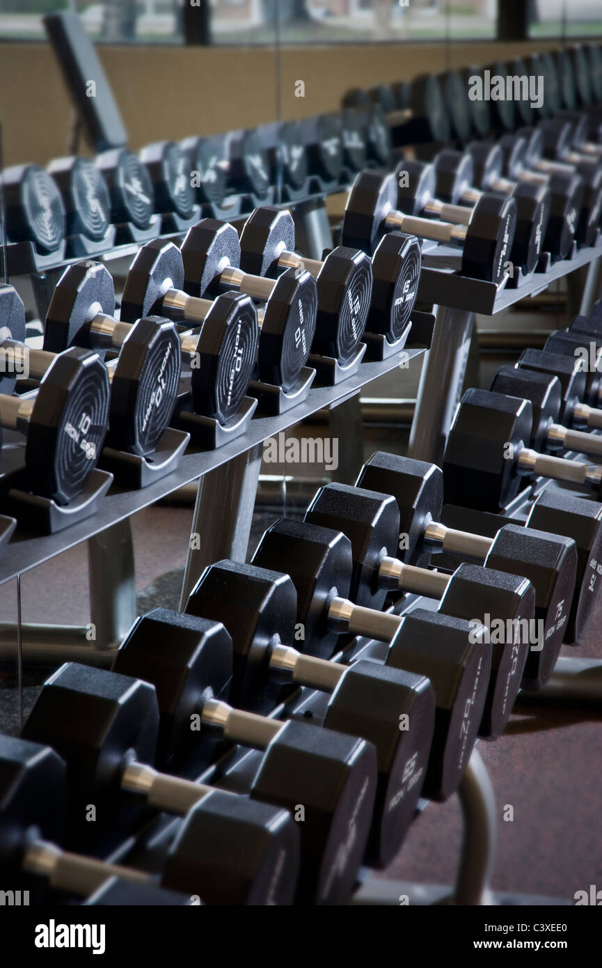 Free Weights Dumbbells Inside Gym Health Club, Philadelphia, USA Stock