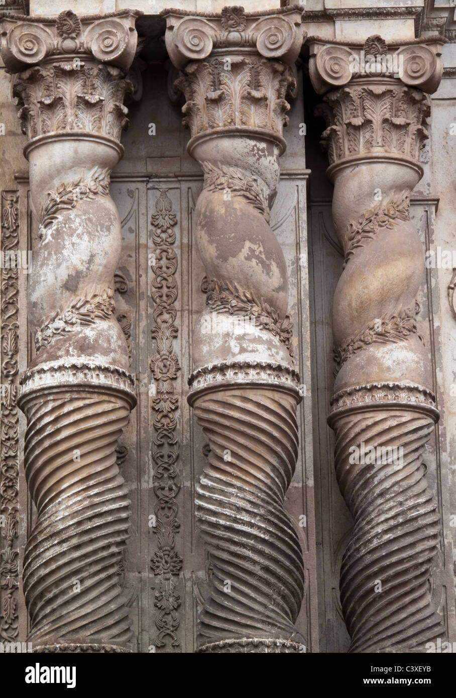 engaged  columns of facade of the Church of La Compañía de Jesús, Quito, Ecuador Stock Photo
