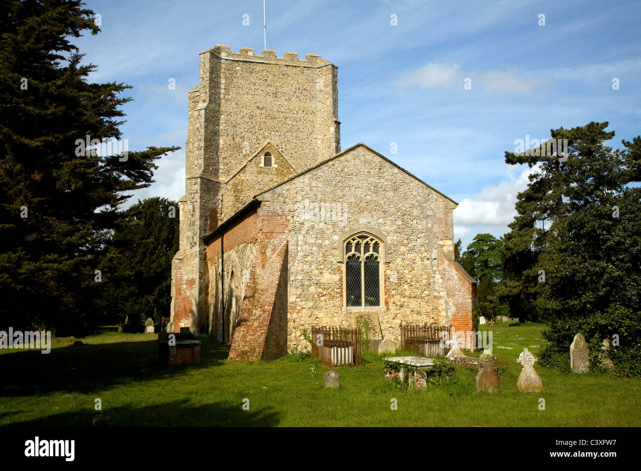 Church of St Mary the large tower dating form the medieval period when the church was much larger, Bawdsey, Suffolk, England Stock Photo