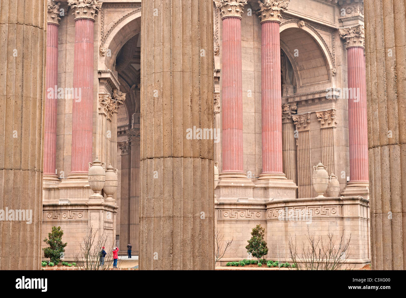 Palace of Fine Arts central rotunda, viewed through the fluted columns of the encircling pergola, San Francisco, California. Stock Photo