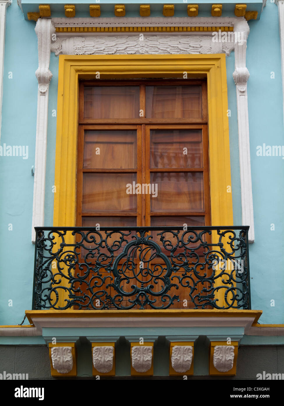 window with ironwork balcony, old town, Quito, Ecuador Stock Photo