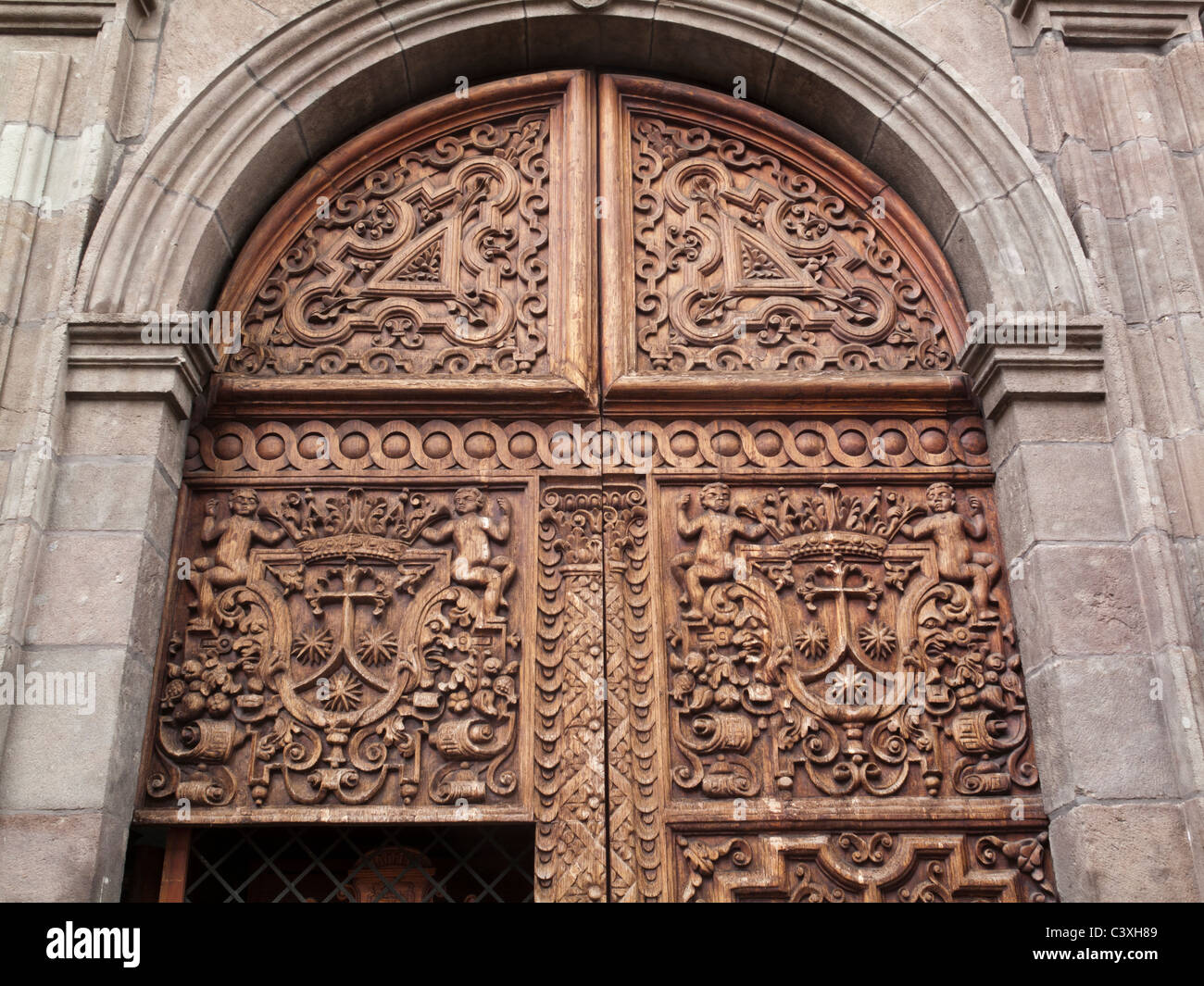 detail of door of Iglesia del Carmen, Olmedo street, Quito, Ecuador Stock Photo