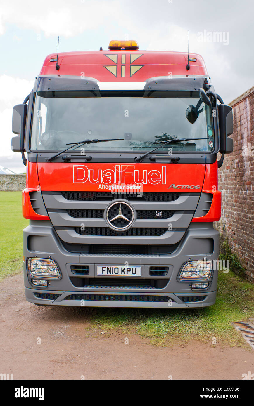 Front view of Mercedes Dual Fuel Acrtos haulage truck prime mover Stock Photo