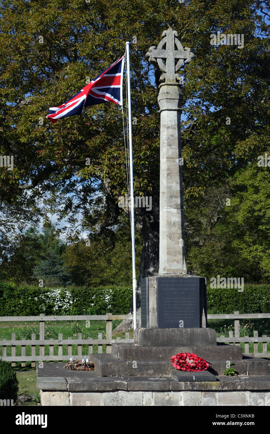 War Memorial Great War 1914 - 1918 and union jack, fallen soldiers from the first world war Knipton Vale of Belvoir Grantham Nottinghamshire. UK Stock Photo