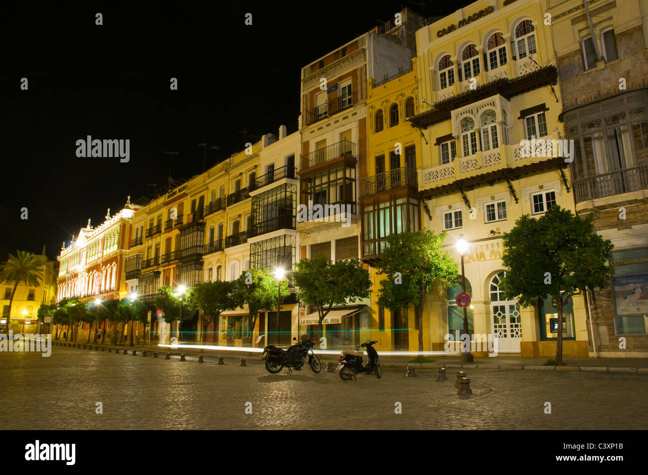 Seville, Spain, Night street scene in Plaza de San Francisco. Stock Photo