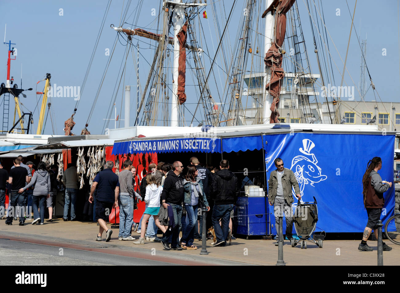 Seafood and fish seller quay Visserskaai,Ostend,Belgium,Sandra and