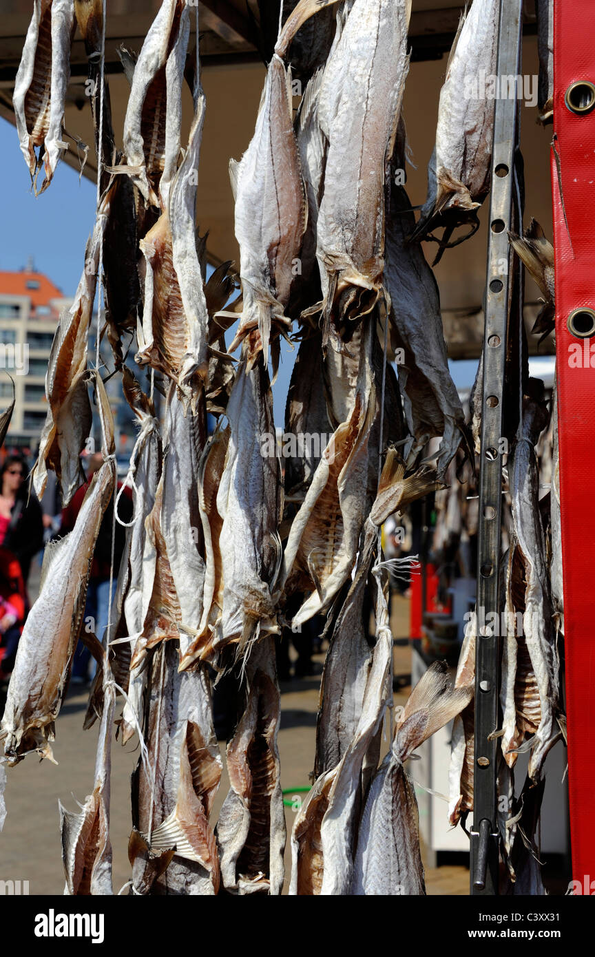 Seafood and fish seller quay Visserskaai,Ostend,Belgium,Atlantic herring dry Stock Photo