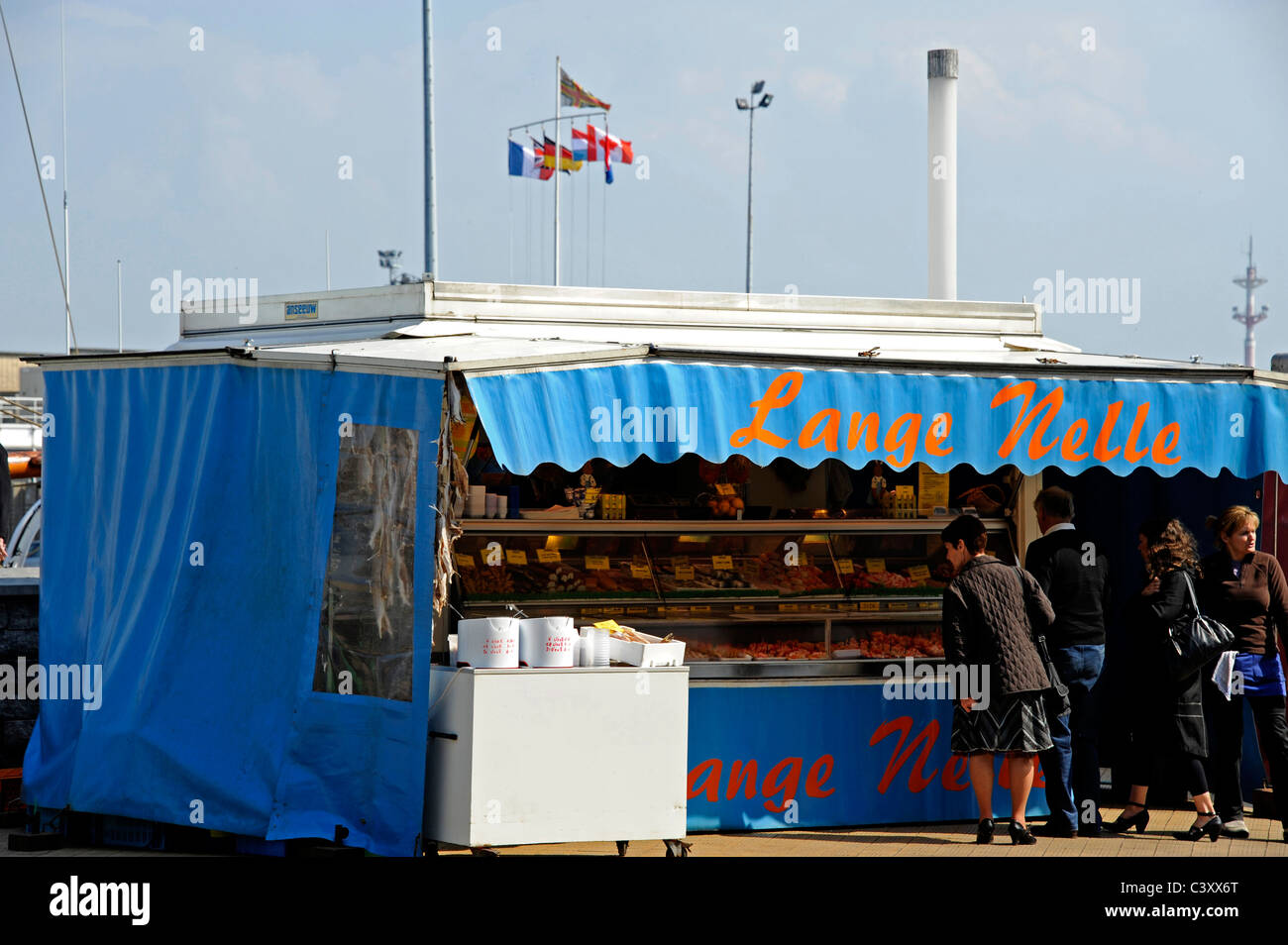 Seafood and fish seller quay Visserskaai,Ostend,Belgium,Lange Nelle stand Stock Photo