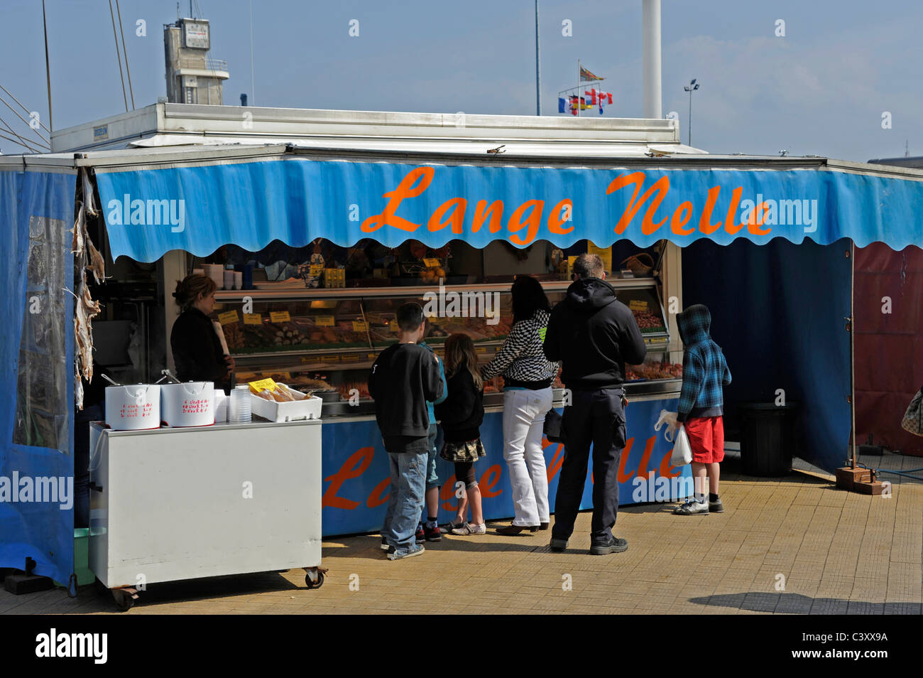 Seafood and fish seller quay Visserskaai,Ostend,Belgium,Lange Nelle stand Stock Photo