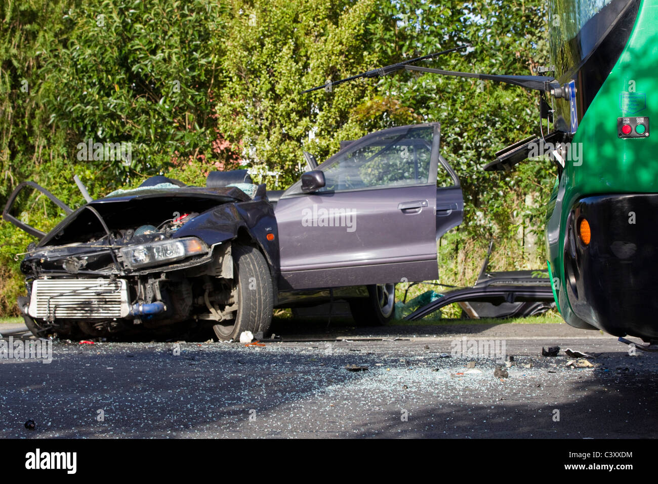 Scene of a crash between a bus and a car, Withers Road, Glen Eden