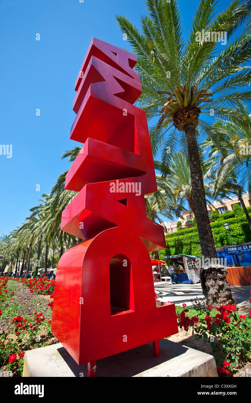 PALMA MALLORCA MARKET Vibrant wide view of red Palma sculpture sign on ...