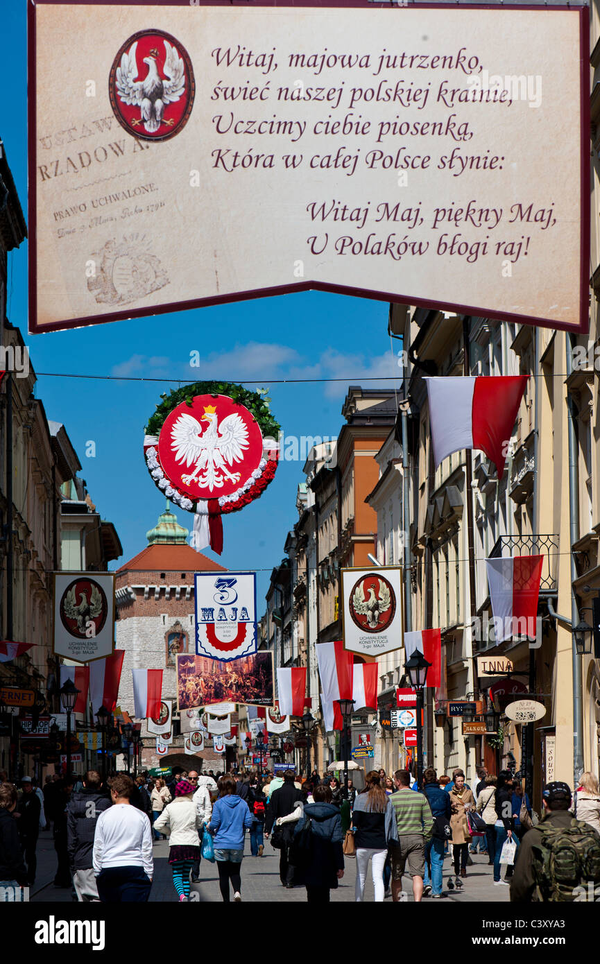 Florianska Street decorated for national holiday of Third of May, Krakow,Poland Stock Photo