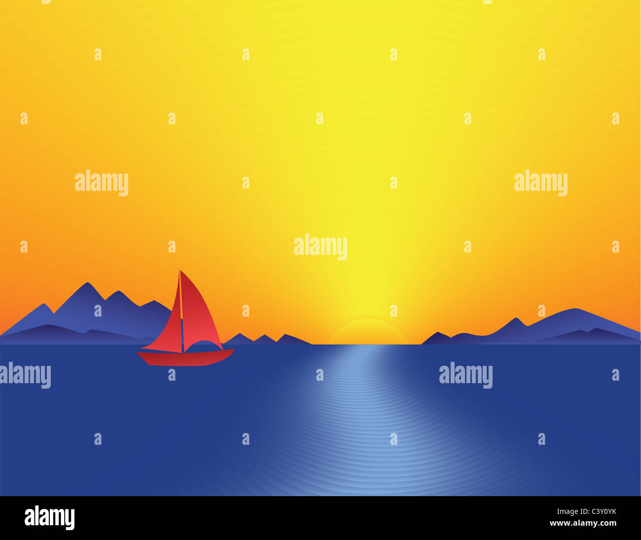 Mountain Bay Sunset and floating yacht. Abstract summer holiday