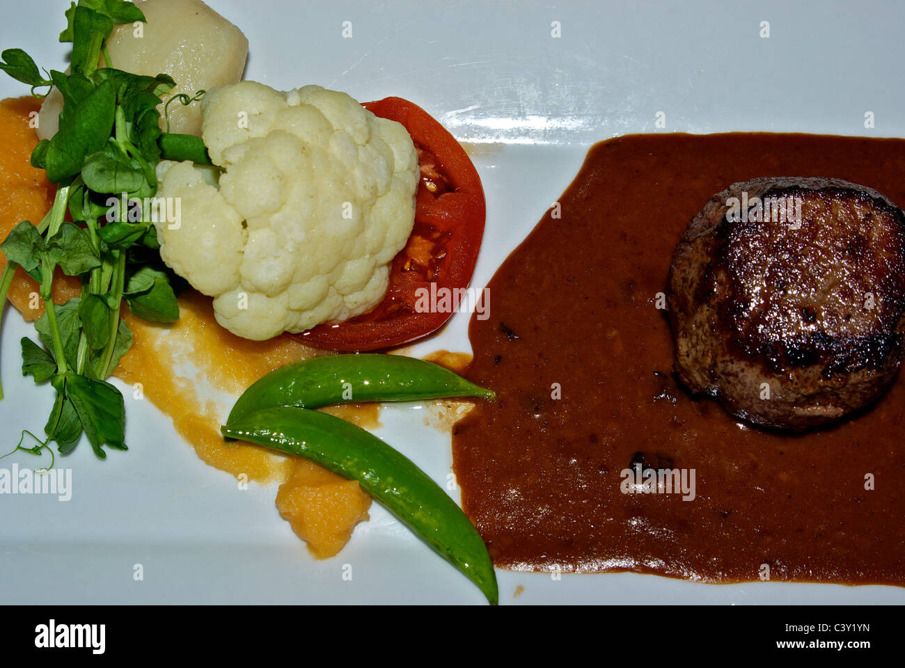 Main course grilled beef tenderloin in dark reduction sauce steamed mixed vegetables watercress garnish Stock Photo