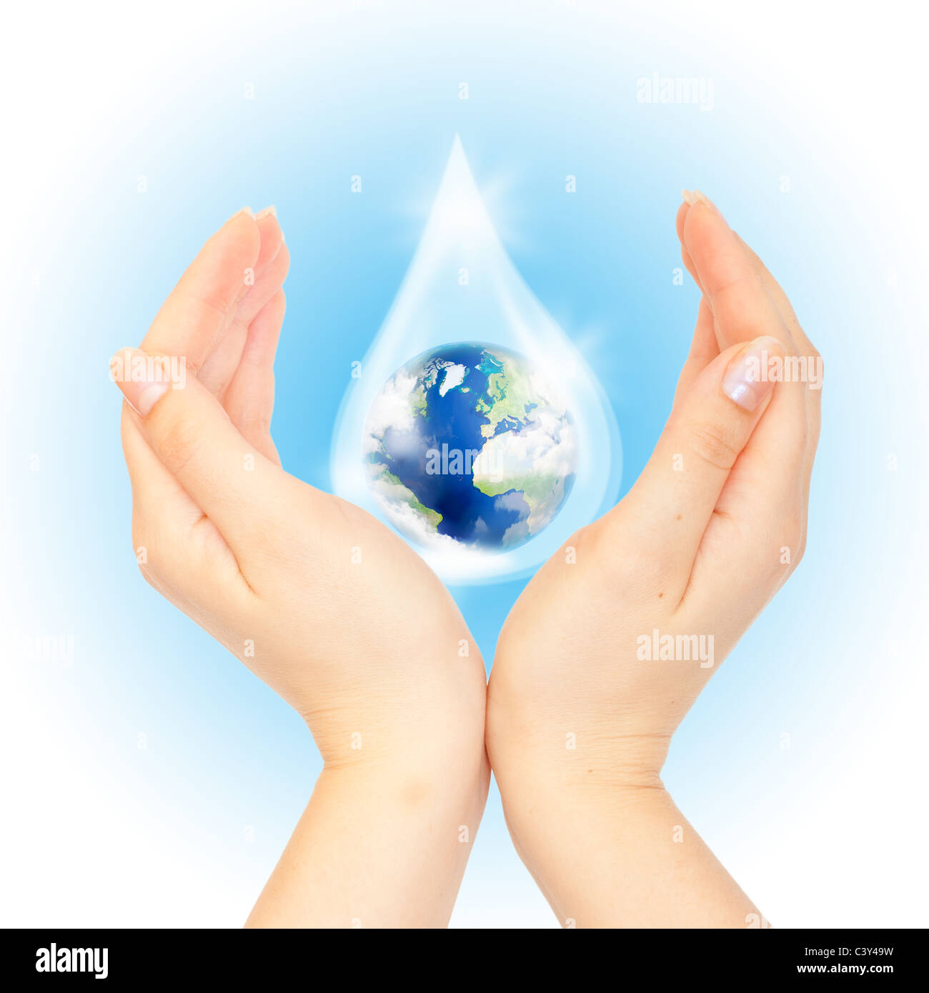 Drop of water with Earth inside and hands on white. The symbol of Save Planet. Stock Photo