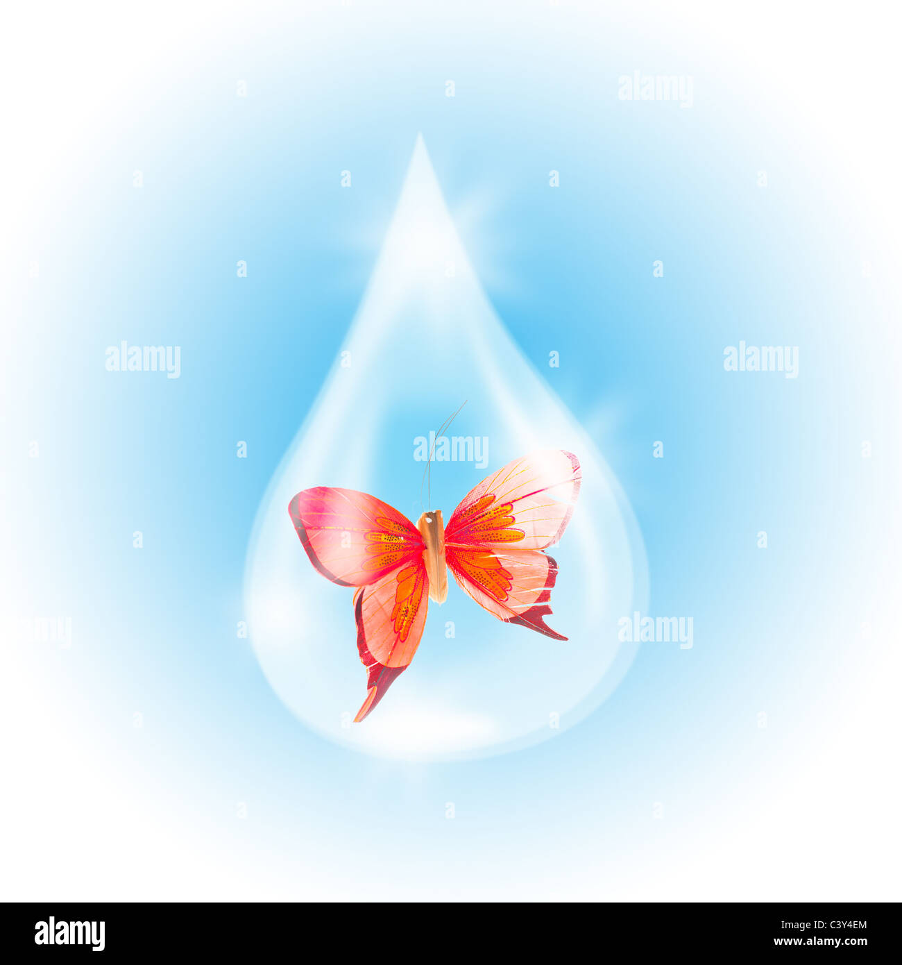 Butterfly in a drop of water as a symbol in need of assistance to flood victims Stock Photo