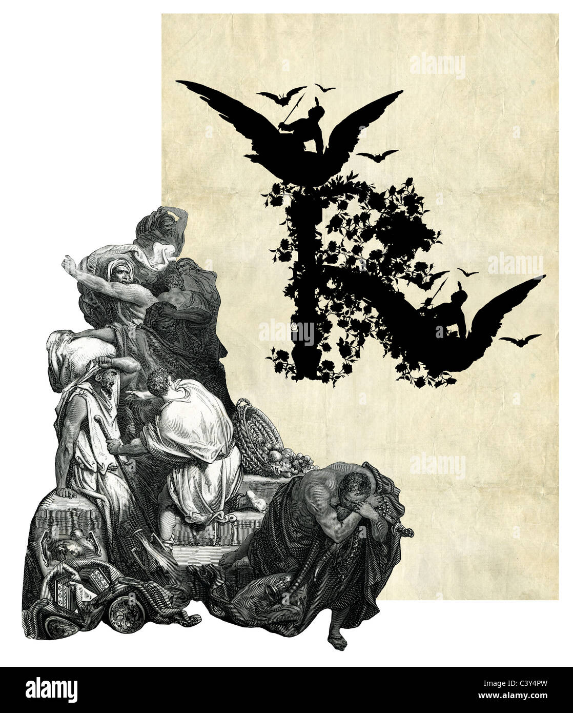 Victorian initial letter R with Owl and frightened people Stock Photo ...