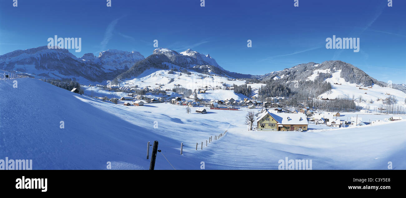 Weissbad, village, winter, winter scenery, scenery, snow, level nightmare, nightmare stone, mountains, Alps, road, railway, rail Stock Photo