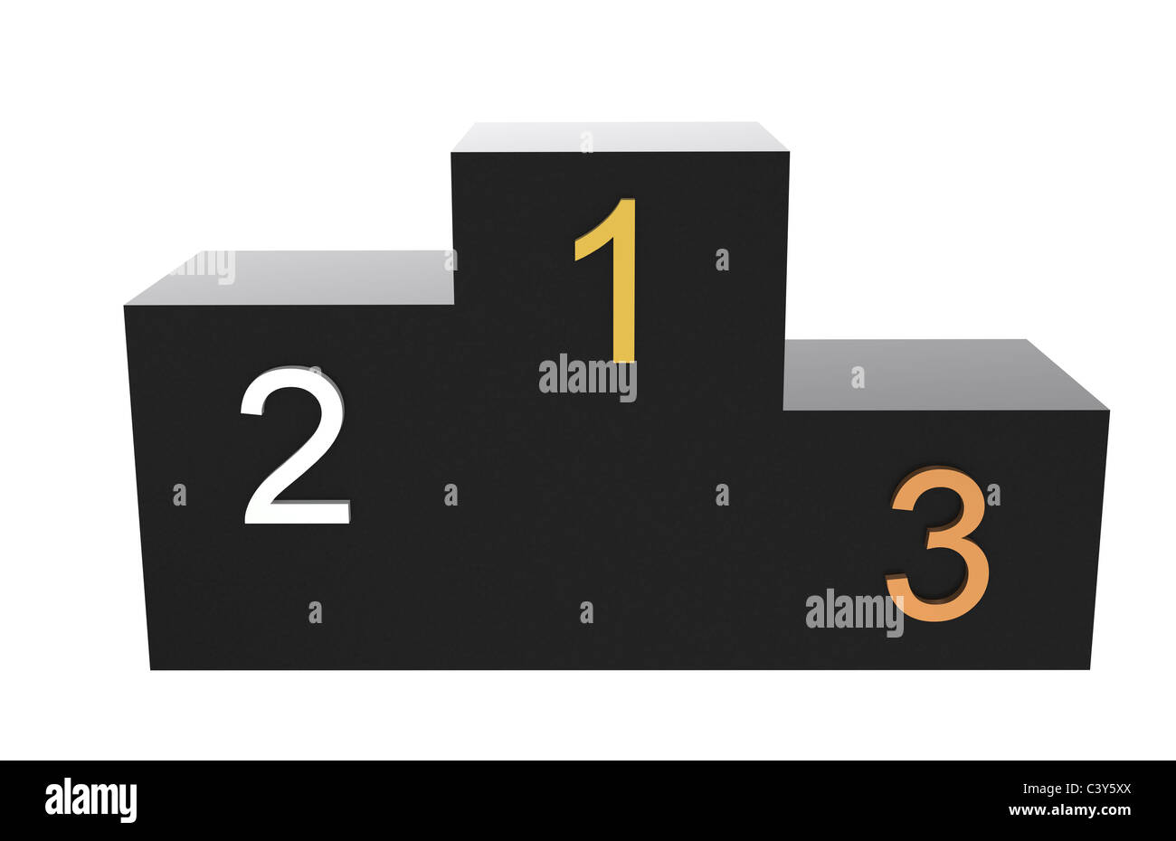 Podium. Black Podium with numbers in Gold, Silver and Bronze. Stock Photo