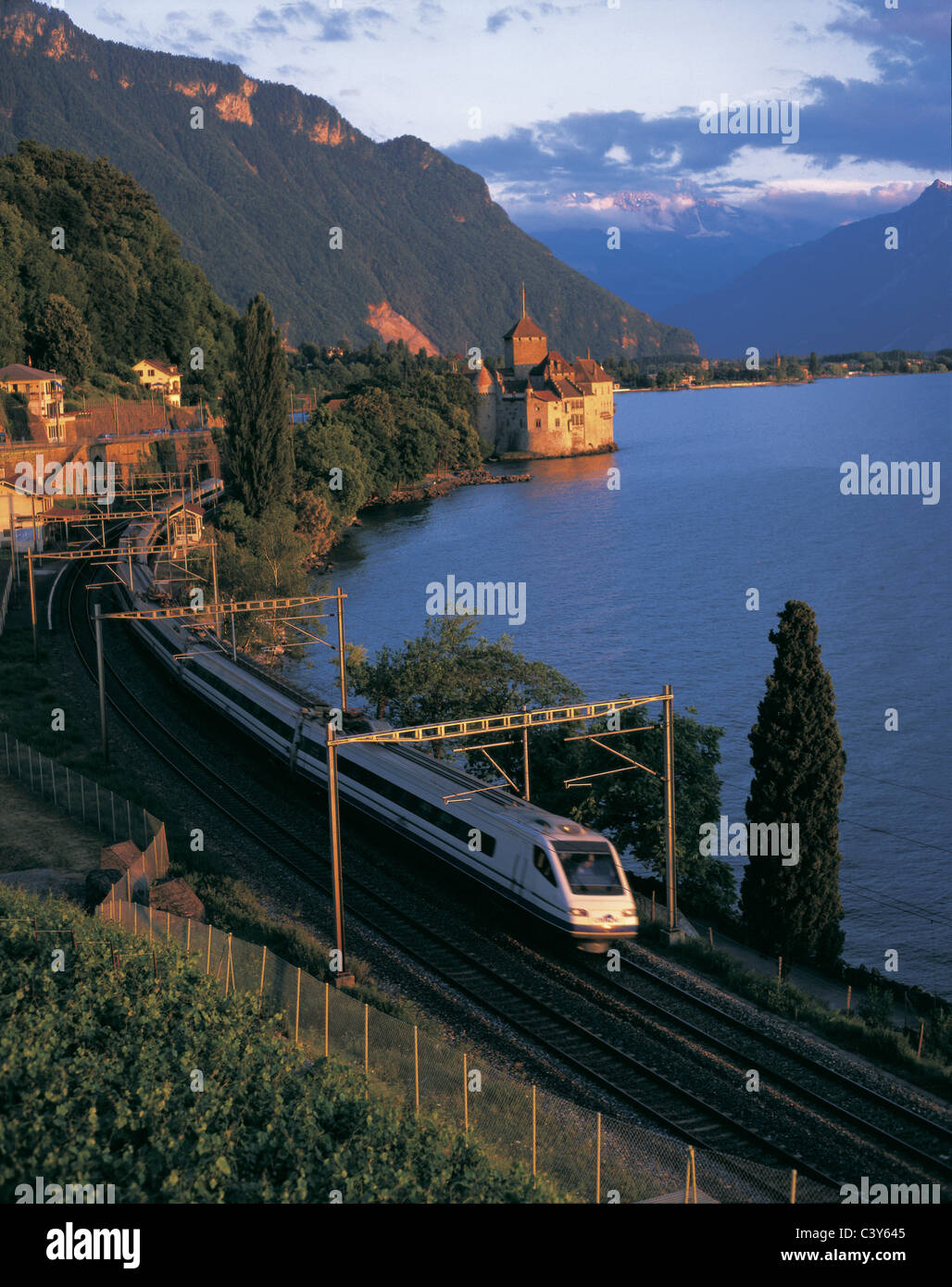 Cisalpino, Pendolino, road, railway, railroad, train, feature, railroad,  castle, lock, Chillon, lake, sea, Genevan lake, mood, d Stock Photo - Alamy