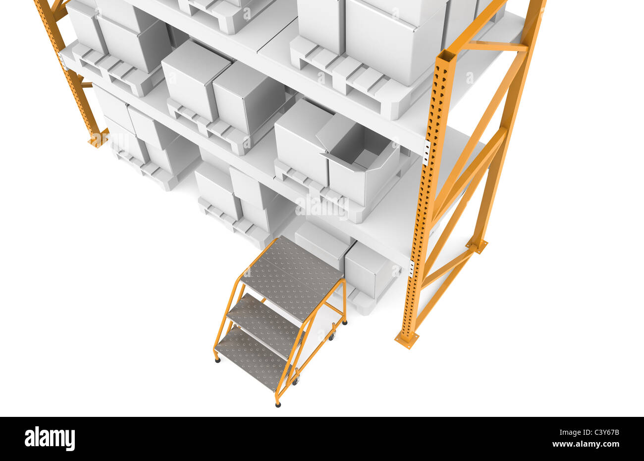 Manual Picking and Packing. Shelves top view, with three step stairs