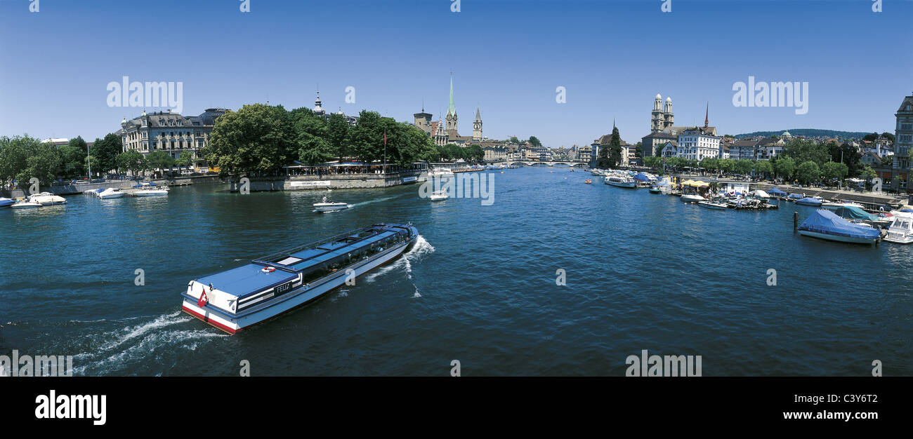 town, city, of Zurich, river, flow, Limmat, boat, boats, Bauschanzli, churches, summers, Switzerland Stock Photo
