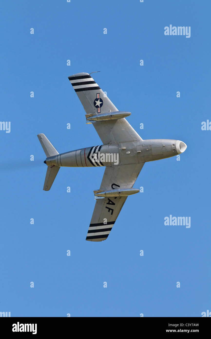 A classic veteran jet fighter of the USAF - The North American F86 Sabre fighter in flight Stock Photo