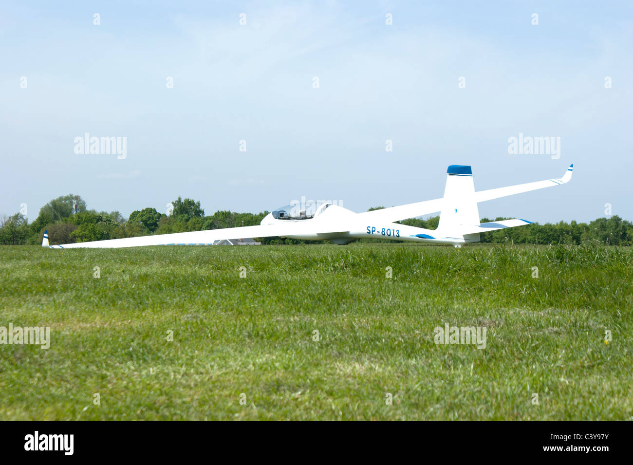 Glider before start, grass airfield in Bielsko-Biala, Poland Stock Photo