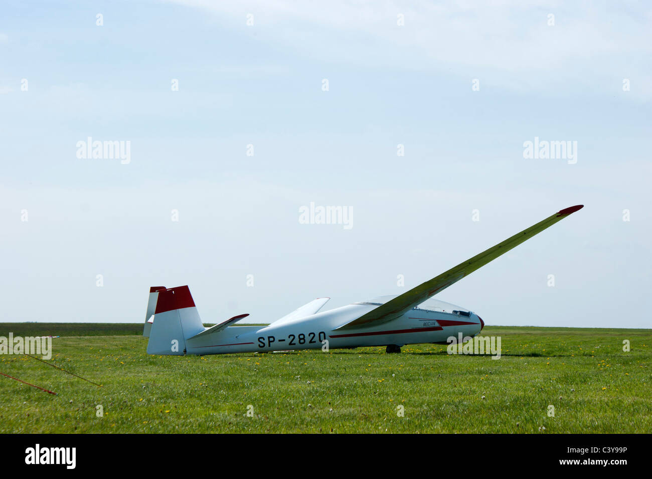 Glider before start, grass airfield in Bielsko-Biala, Poland Stock Photo