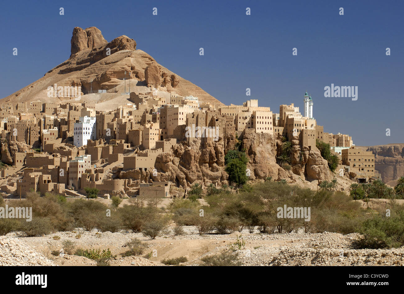Altstadt von Al Hajjaryn, Wadi Doan, Hadramaut, Arabien, Al Hajjaryn, Old Town, Arabia, Arabian, architecture, building, blue sk Stock Photo
