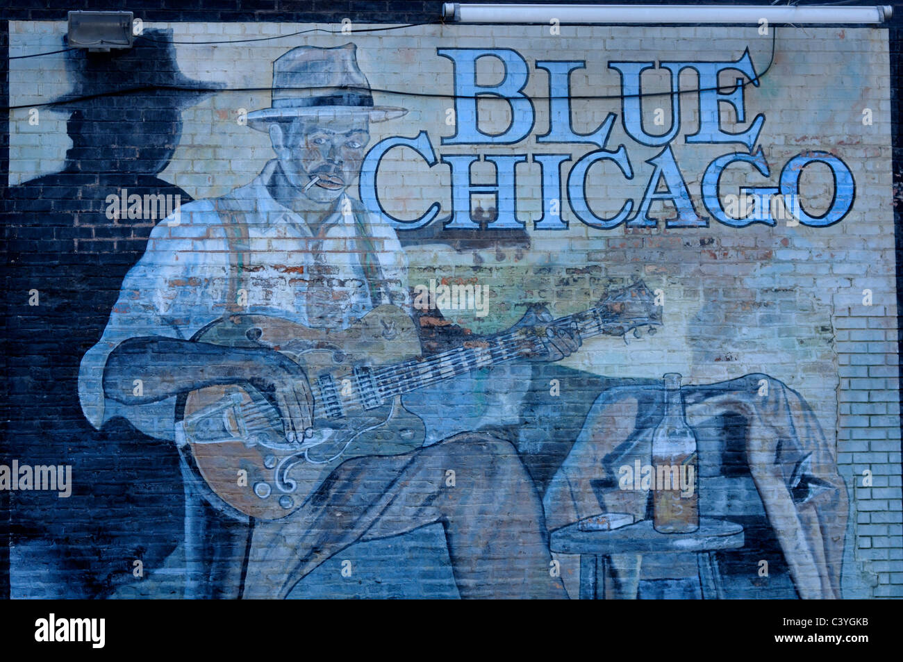 Blue Chicago, Mural, bricks, Building, Chicago, Illinois, USA, United States, America, Blues Stock Photo