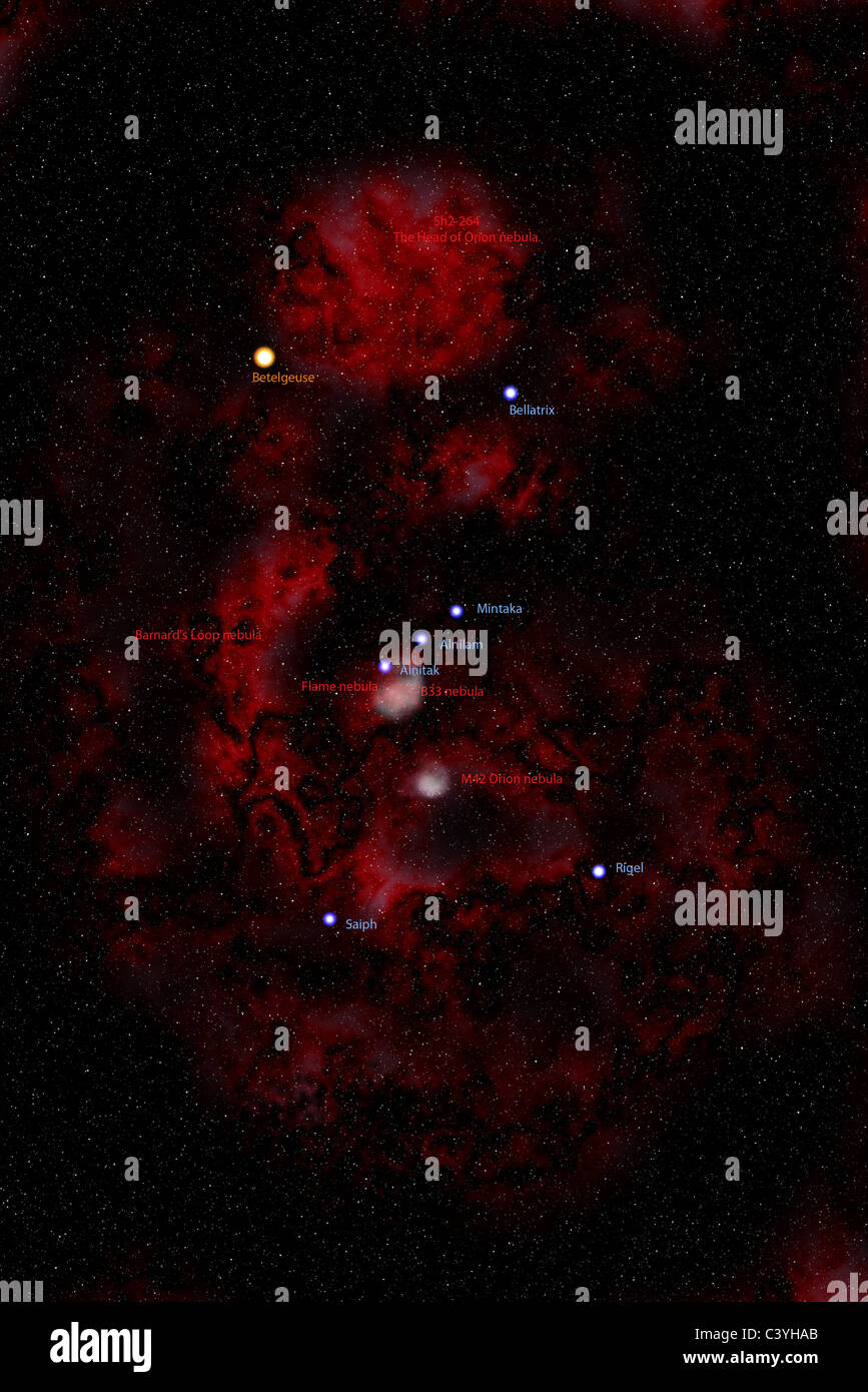 Artist's impression of the familiar Orion constellation showing the main stars and nebulae, accurately positioned and labelled Stock Photo