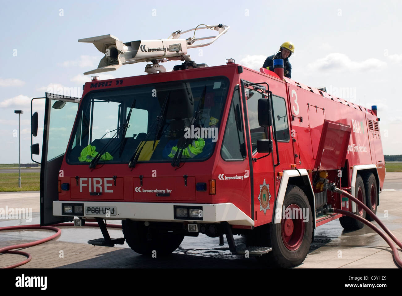 Airport crash truck on a training exercise at airport Stock Photo