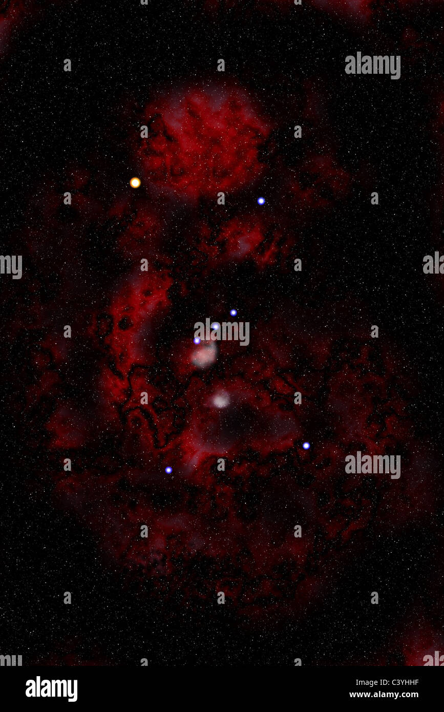 Artist's impression of the familiar Orion constellation showing all the main stars and nebulae. Stock Photo