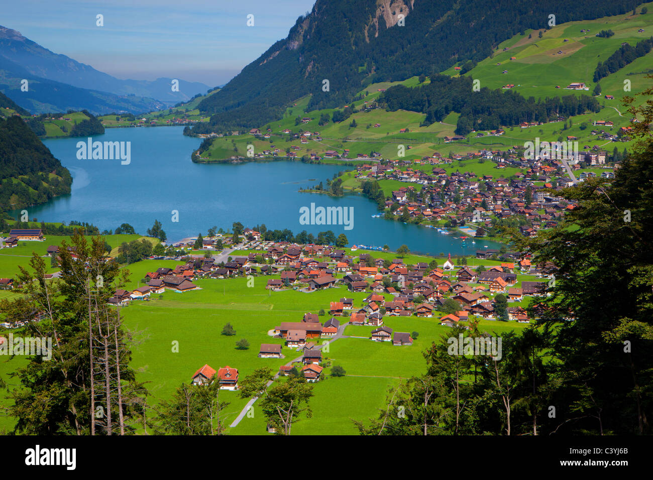 Houses, Homes, lake, Lungernsee, view, panorama, Lungern, Switzerland