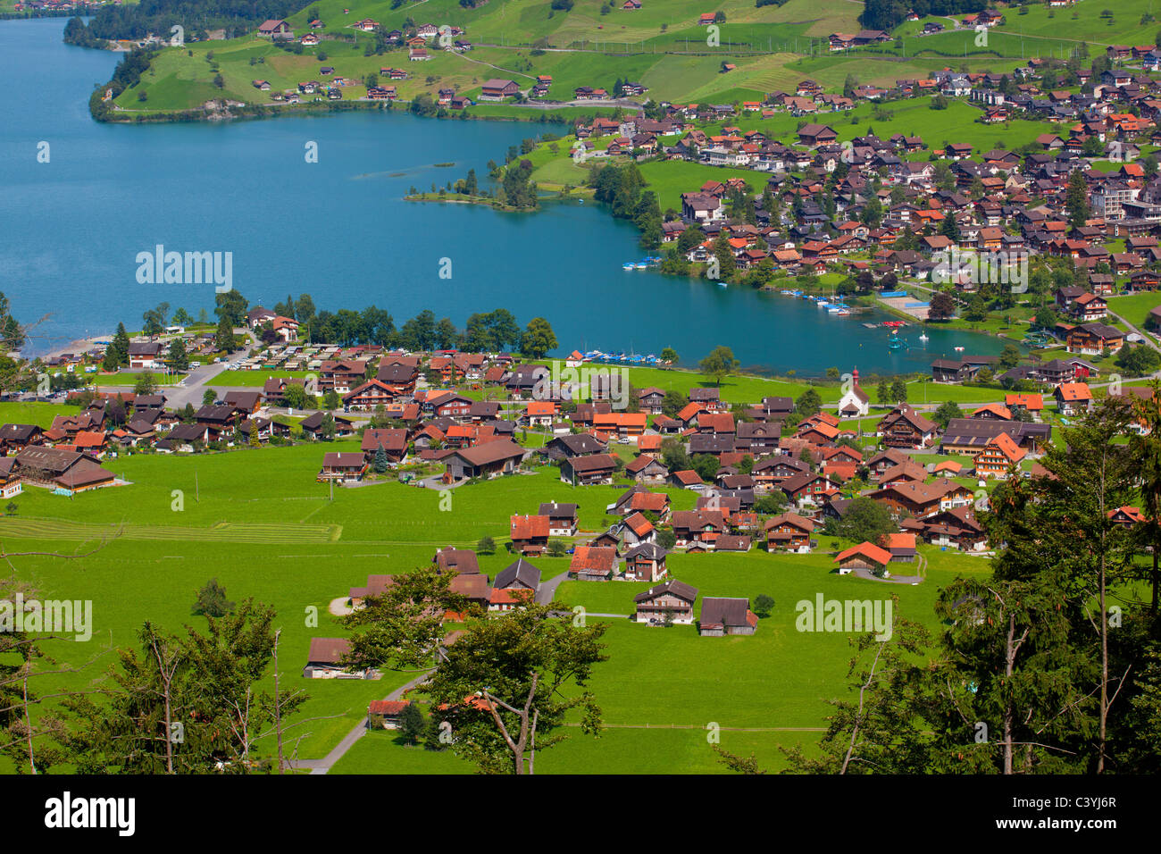 Houses, Homes, lake, Lungernsee, view, panorama, Lungern, Switzerland