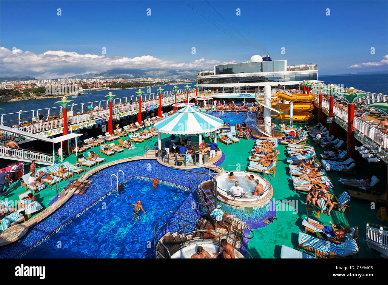 Croatia, Europe, Split, NCL, Norwegian Cruise Line, cruise ship, Norwegian Gem, sailing away, departing, leaving port, amidships Stock Photo