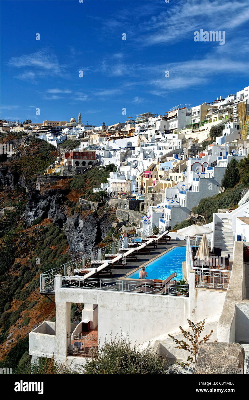 Europe, Greece, Greek Islands, Santorini, Thira, Cycladic group, Fira, architecture, white, painted, stucco, houses, view, lands Stock Photo
