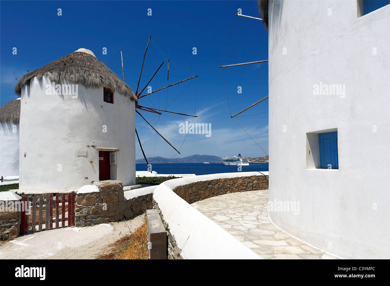 Europe, Greece, Greek Islands, Mykonos, aegean mediterranean, Cyclades Hora, white, painted, stucco, houses, architecture, view, Stock Photo